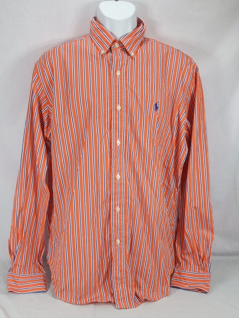Ralph Lauren Large Orange, White & Navy Vertical Stripe Button-Down Shirt